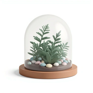 A glass terrarium, shaped like a dome, placed on a wooden table. Inside the terrarium, various types of ferns are visible, including a tall, delicate maidenhair fern and a lush, green sword fern. The ferns are arranged in a natural, organic manner, creating a dense, vibrant environment. Small, smooth pebbles of different colors and sizes are scattered on the soil at the bottom of the terrarium, adding texture and contrast. Soft, diffused light illuminates the scene, highlighting the rich greens of the ferns and the earthy tones of the pebbles.