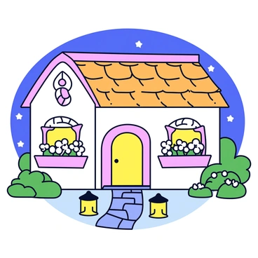 A cozy cottage with a thatched roof and whitewashed walls. The cottage has two window boxes filled with blooming moonflowers, their white petals glowing softly in the evening light. Surrounding the cottage is a lush garden with green foliage and colorful flowers. A pathway made of cobblestones leads up to the front door, lined with small lanterns that emit a warm, inviting glow. In the background, a clear night sky is visible.