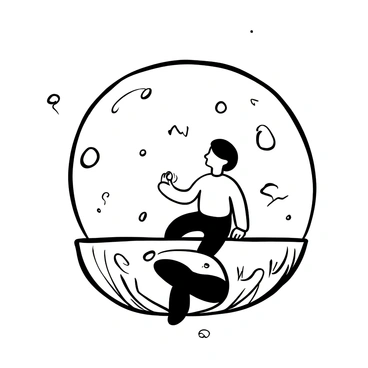 An individual sitting alone inside a transparent bubble, with the bubble appearing delicate and shiny. The person is surrounded by multiple swirling lines and shapes that represent feelings of anxiety, creating a sense of confinement. The bubble is resting on a textured surface, adding dimension to the scene. The environment outside the bubble is void of detail, emphasizing the solitude of the individual and their isolation.