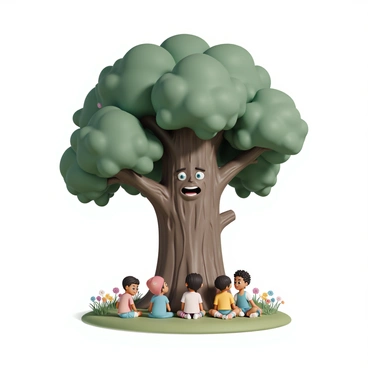 A large, wise tree with a gnarled trunk and a textured bark, featuring a friendly face with deep-set eyes and a warm smile. The tree's branches are thick and sprawling, adorned with lush green leaves that filter sunlight. Surrounding the tree, a group of five curious children, each wearing colorful clothing, sit on the grass, captivated by the tree's stories. One child, wearing a red cap, leans forward with wide eyes, while another girl, in a blue dress, sits cross-legged, eagerly listening. The setting is a bright, sunny day in a forest clearing filled with vibrant wildflowers and soft grass.