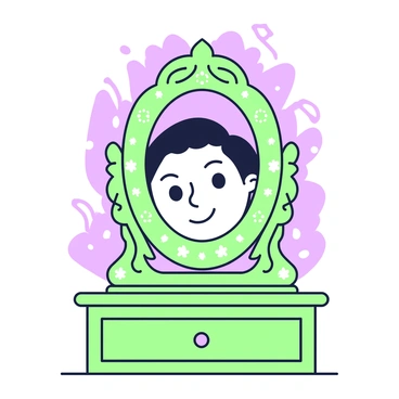 A mirror stands on a wooden vanity, its frame intricately carved with floral patterns. In the center of the mirror, a person's face is clearly visible, with features detailed and expressive, showing curiosity and slight apprehension. The background of the scene is softly blurred, emphasizing the reflection. Wisps of ethereal energy swirl gently around the edges of the mirror, suggesting the presence of whispering voices. The lighting casts delicate shadows, enhancing the mysterious atmosphere of the setting. The person's eyes are focused on their reflection, capturing the intimate moment.