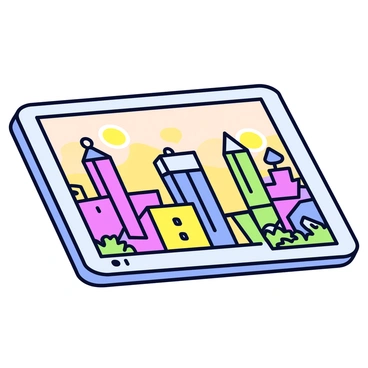 A digital sketchpad with a sleek, silver frame is displayed prominently. The screen shows a vibrant, dynamic cityscape being created in real-time. Buildings of various heights and designs are emerging from the sketchpad, featuring geometric shapes and bright colors. Some structures are adorned with solar panels and greenery. The background showcases a glowing sunset sky with soft gradient colors. The scene captures the excitement of technology and creativity, as the city evolves and develops on the screen.