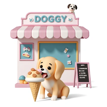 An ice cream shop with a colorful and inviting exterior, showcasing a vibrant signage that reads "Doggy Ice Cream Menu." In front of the shop, a small golden retriever puppy is happily sitting on the ground, eagerly licking a dog-friendly ice cream cone. The cone is filled with a creamy, peanut butter-flavored treat topped with little dog biscuits. The puppy's soft fur shines in the sunlight, and its big, expressive eyes are focused on the cone. Nearby, there are playful dog-themed decorations and a chalkboard displaying various dog-friendly flavors.