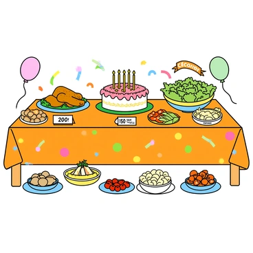 A large, rectangular celebration table covered with a bright, festive tablecloth featuring colorful patterns. On the table, there are multiple dishes, each artistically arranged. A large, round cake is in the center, decorated with colorful icing and topped with candles, displaying "200 calories" in a playful font on a small card next to it. To the left, a platter of golden-brown fried chicken is presented, with a sign showing "350 calories" amidst sprigs of parsley. On the right, a vibrant salad bowl filled with green lettuce, cherry tomatoes, and cucumbers has "150 calories" displayed on a colorful banner. Small dishes of appetizers, including stuffed mushrooms and cheese cubes, are scattered across the table, each marked with their respective calorie counts in cheerful designs. Balloons and streamers adorn the backdrop, adding to the festive atmosphere.