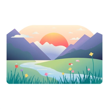 A mountain valley is illuminated by the warm glow of a sunset. The sky is painted with shades of orange, pink, and purple, blending seamlessly into the horizon. In the foreground, tall grass sways gently, creating ripples that reflect the soft breeze. There are patches of colorful wildflowers scattered across the valley floor, their petals catching the last light of the day. The silhouette of rugged mountains frames the background, their peaks slightly obscured by wispy clouds. The scene captures a tranquil moment as the day transitions into night.