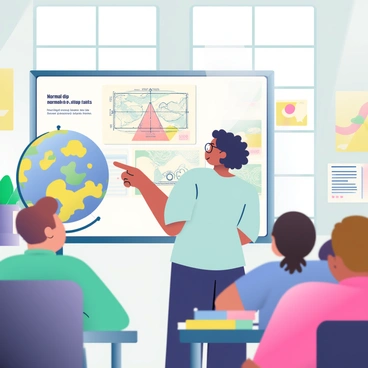 A classroom scene is depicted with a teacher standing in front of a whiteboard. The teacher is a woman with medium skin and short, curly black hair, wearing glasses and dressed in a light blue blouse. She is pointing at a globe that shows continents and oceans in vibrant colors. On the whiteboard, there are detailed diagrams illustrating normal dip slip faults, drawn in black and colored markers. Students of various ethnicities are seated at desks, attentively looking at the teacher and the diagrams. The classroom is filled with educational posters on the walls, and there are books and notebooks on the desks. Sunlight spills in through large windows, illuminating the scene.