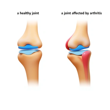 An illustrated comparison showing "a healthy joint" on one side, characterized by smooth cartilage, clear synovial fluid, and a well-aligned structure. The joint appears flexible and functional. On the opposite side, there is "a joint affected by arthritis," exhibiting roughened cartilage, signs of inflammation, and reduced space between the bones. This joint appears swollen and less functional, highlighting the contrast between the two conditions.