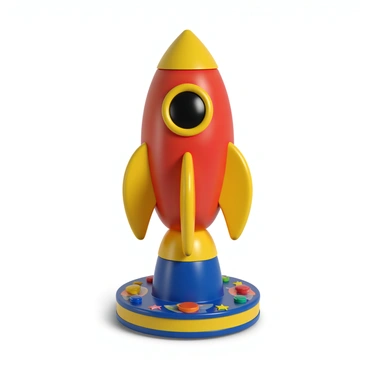 A small children's coin-operated ride shaped like a rocket ship, featuring a bright red body with yellow and blue accents. The rocket has a pointed nose cone and small windows along its sides for children to peek out. It is placed on a circular base that simulates a launch pad, with colorful graphics and stars printed around it. The rocket is slightly tilted upward as if ready to take off. The ride has a shiny finish that reflects light, and there are colorful buttons on the control panel for children to press.