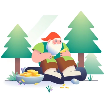 A gnome counting a heap of gold coins in a forest clearing
