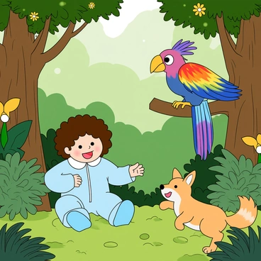 A curious baby with curly brown hair sits on a soft bed of vibrant green moss in the middle of a lush rainforest. Surrounding the baby are large, colorful leaves and towering trees with thick trunks and bright, oversized flowers. The baby is wearing a light blue onesie and has a wide smile on their face as they reach out to a vibrant mythical bird with iridescent feathers perched on a nearby branch. The bird has large, expressive eyes and a long, flowing tail. On the ground, a playful small creature resembling a mix between a rabbit and a fox hops around, its fluffy tail twitching excitedly. Dappled sunlight filters through the canopy, casting soft spots of light on the baby and the enchanting scene.