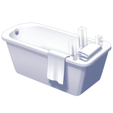 A bathroom featuring a clean, white bathtub positioned against the wall. The tub is empty, showcasing its pristine surface. Fresh, neatly folded white towels are stacked on a nearby shelf, adding to the tidy appearance. Decorative candles are arranged on the edge of the tub, with their soft outlines visible, creating a sense of elegance. The overall setting conveys a sense of cleanliness and organization.