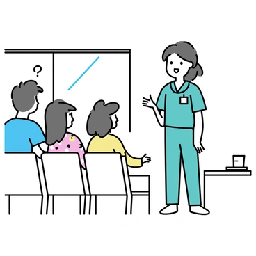 A nurse, wearing green scrubs and a name badge, is standing in a hospital waiting room. She is speaking to a small group of worried family members, who are gathered around a seating area. The nurse has a compassionate expression and is gesturing as she provides updates. The family members, consisting of a man in a blue shirt and a woman in a floral dress, are listening intently. The waiting room has comfortable chairs and a large window with light streaming in. A small table with magazines is nearby.