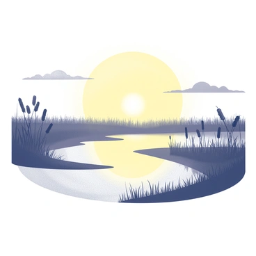 A sunset with a large, circular shape. The sun is positioned low in the sky, emitting a "golden glow." The waters of the bog are still, reflecting the light from the sunset in a smooth surface. Silhouettes of tall grasses and reeds frame the edges of the water. The overall scene shows a tranquil environment, with a few scattered clouds appearing against the sky.