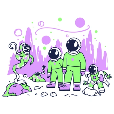 A group of cartoon astronauts is standing on the surface of an alien planet, with a retro design. The astronauts are wearing colorful space suits, and they have large helmets that reflect their surroundings. In the background, there are bizarre rock formations with unusual shapes and textures. Quirky creatures are seen interacting with the astronauts; one creature has multiple eyes and a long, winding body, while another has vibrant patterns on its skin and is perched on a rock. The sky above is filled with strange celestial objects, casting a unique light on the landscape.