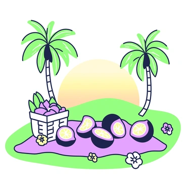 A picnic blanket is spread out on the grass, adorned with an assortment of snacks. On the blanket, there are several halved passion fruits arranged carefully, their bright interiors visible. Next to them, a small wicker basket contains more tropical fruits and snacks. In the background, tall palm trees sway gently, their leaves illuminated by the low sunlight. The sky above is filled with a gradient of colors, transitioning as the sun sets. A few delicate flowers are scattered around the blanket, adding to the tropical ambiance.