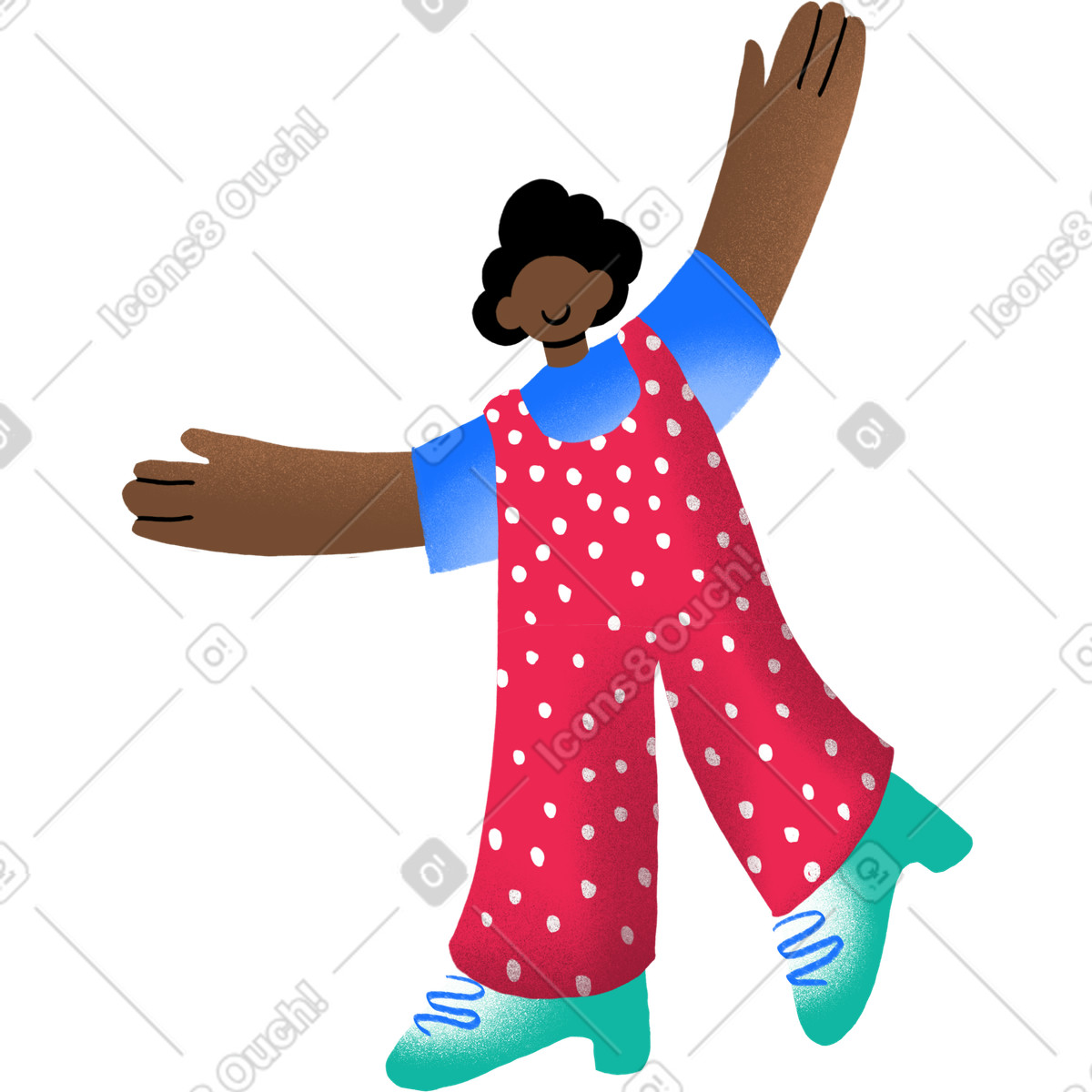 下载 Bonny 风格的 Woman in overalls with her hands up high 插画，支持 PNG、SVG 格式