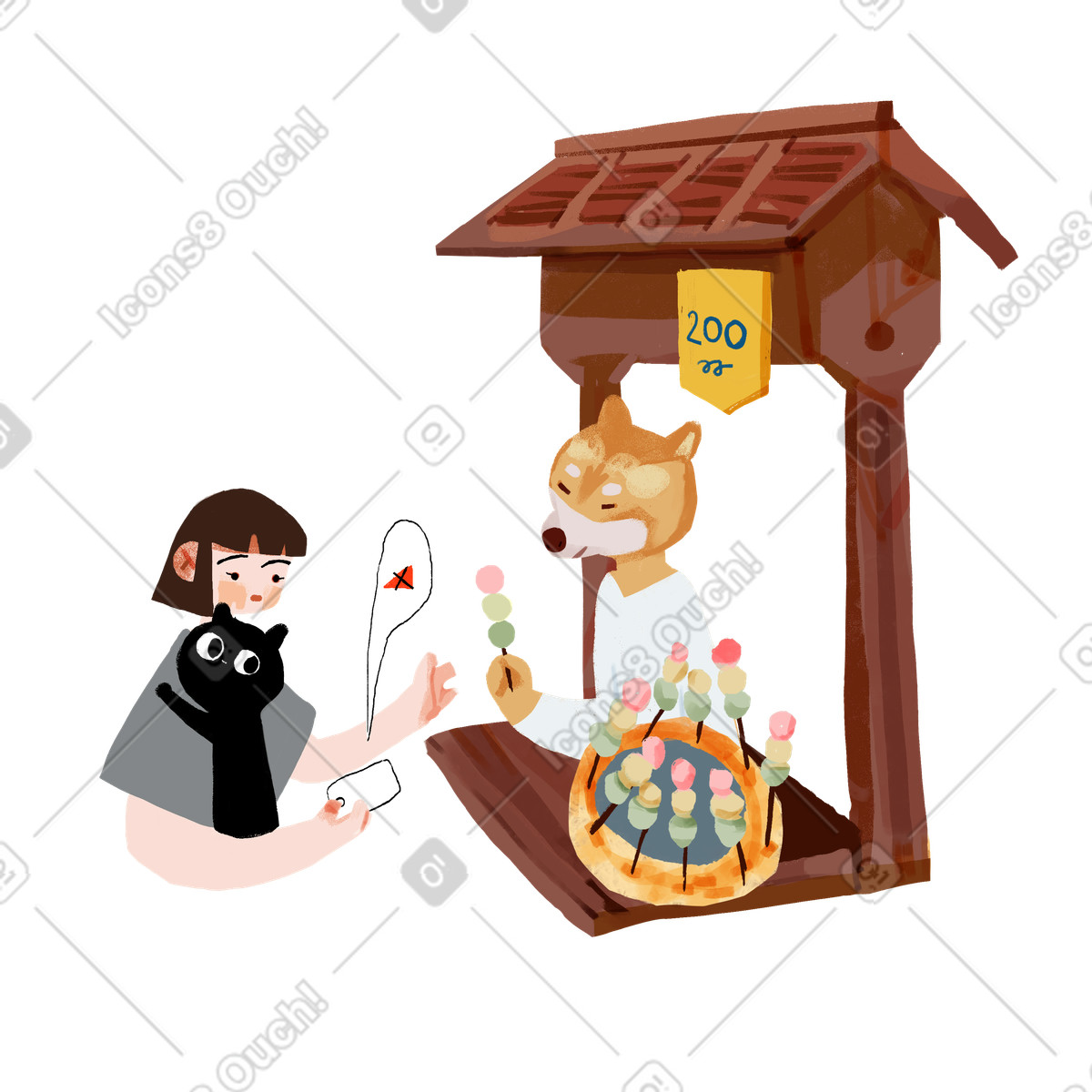 Customer with disconnected phone at food cart, Mobile network issue or no connection-Illustration im Ikigai-Stil als Download in PNG, SVG