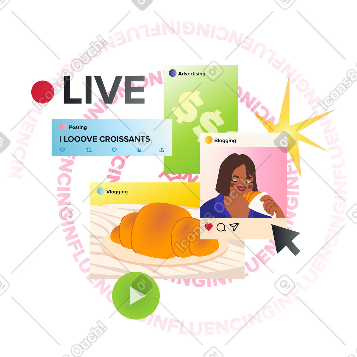 Fizzy 스타일의 Food blogger sharing croissant review, Content marketing and bakery promotion 일러스트레이션 PNG, SVG 다운로드