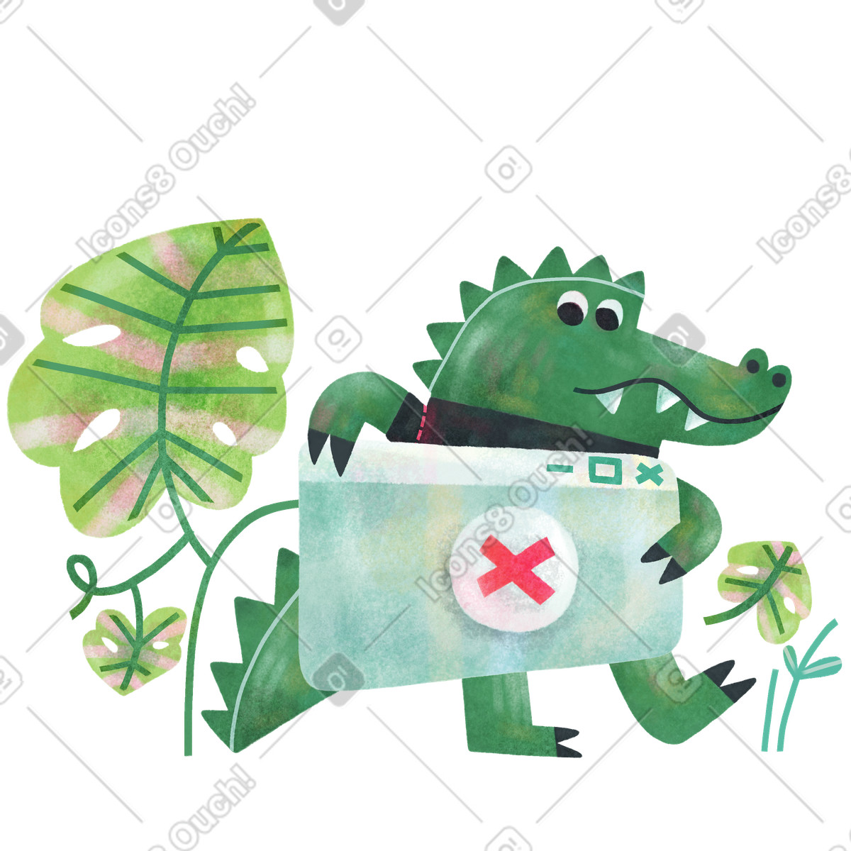 Alligatore che tiene una finestra pop-up con segno di croce errore illustrazione in stile Jungle scarica in PNG, SVG