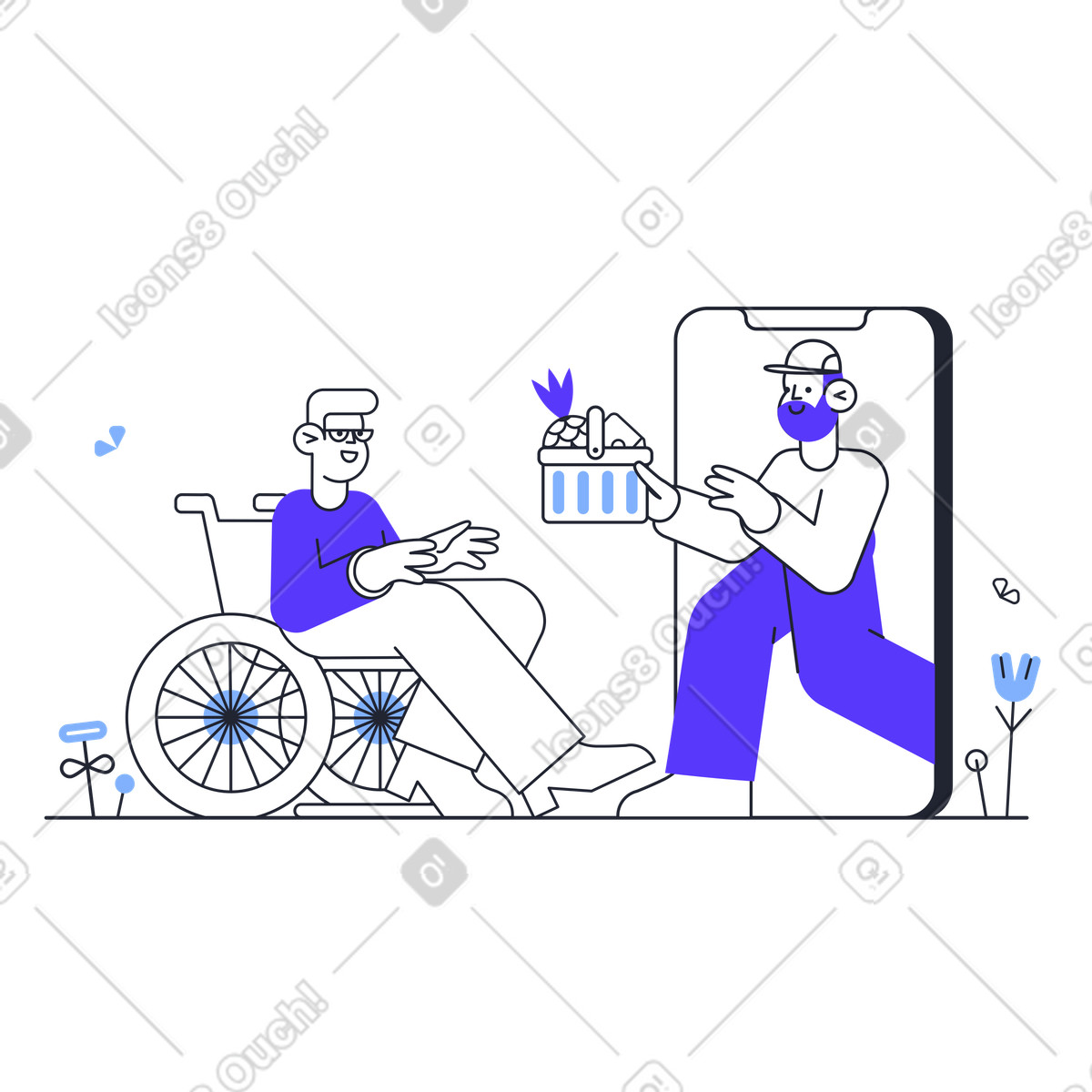 Courier delivering groceries through cell phone to man in wheelchair illustration Pablita style download PNG, SVG