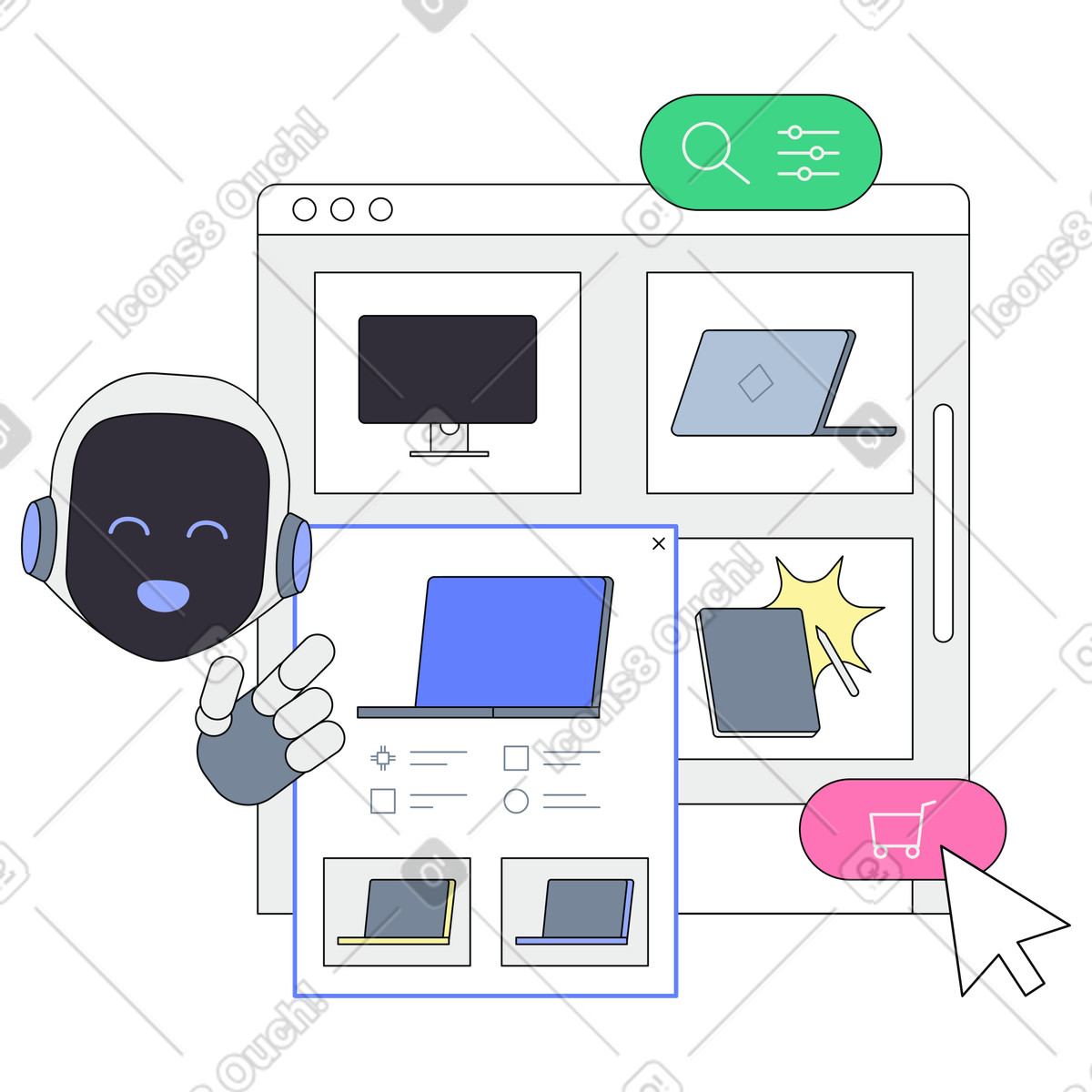 AI assistant helping choose a device in online electronics store illustration in PNG, SVG