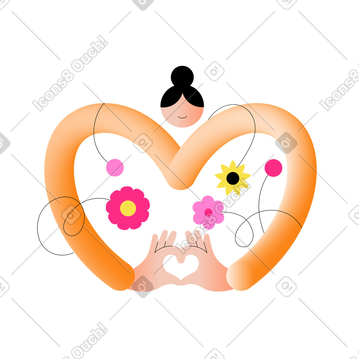 Donna che fa a forma di cuore con le mani i fiori illustrazione in stile Knotty scarica in PNG, SVG