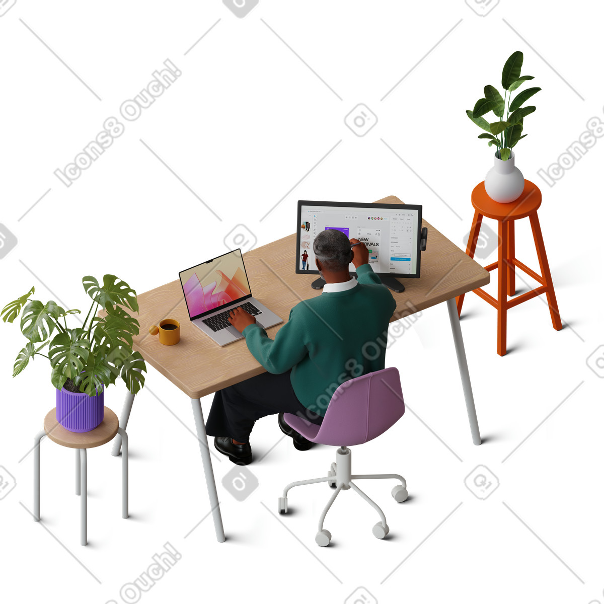 Illustration Isometric view of man working on graphic tablet dans le style 3D Hygge à télécharger aux formats PNG, SVG
