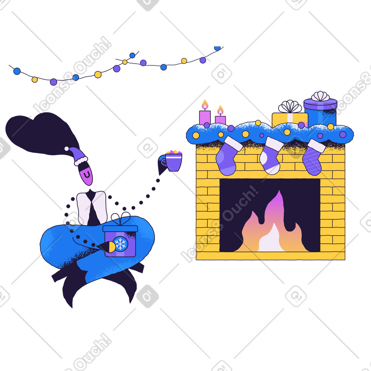 Ilustración Mujer sentada junto a una chimenea con bebida caliente en estilo Conifer descargar en PNG y SVG