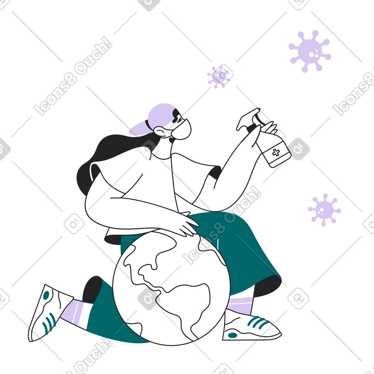 La ragazza salva il pianeta dal virus covid illustrazione in stile Sammy Line scarica in PNG, SVG