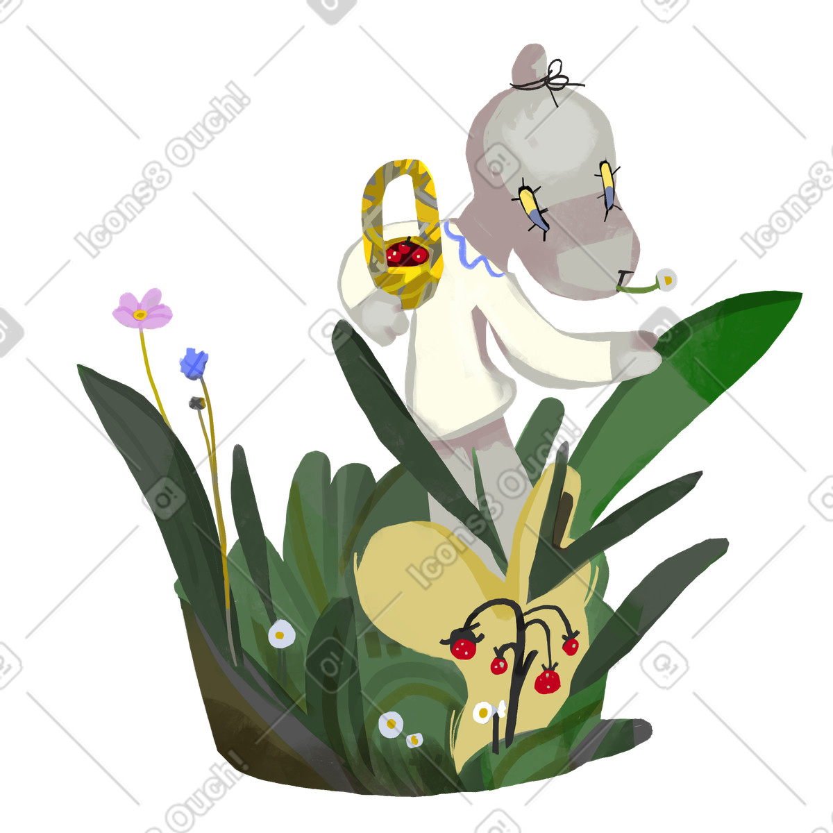 Ilustración Personaje buscando bayas en la hierba. estilo Atomic a descargar PNG y SVG