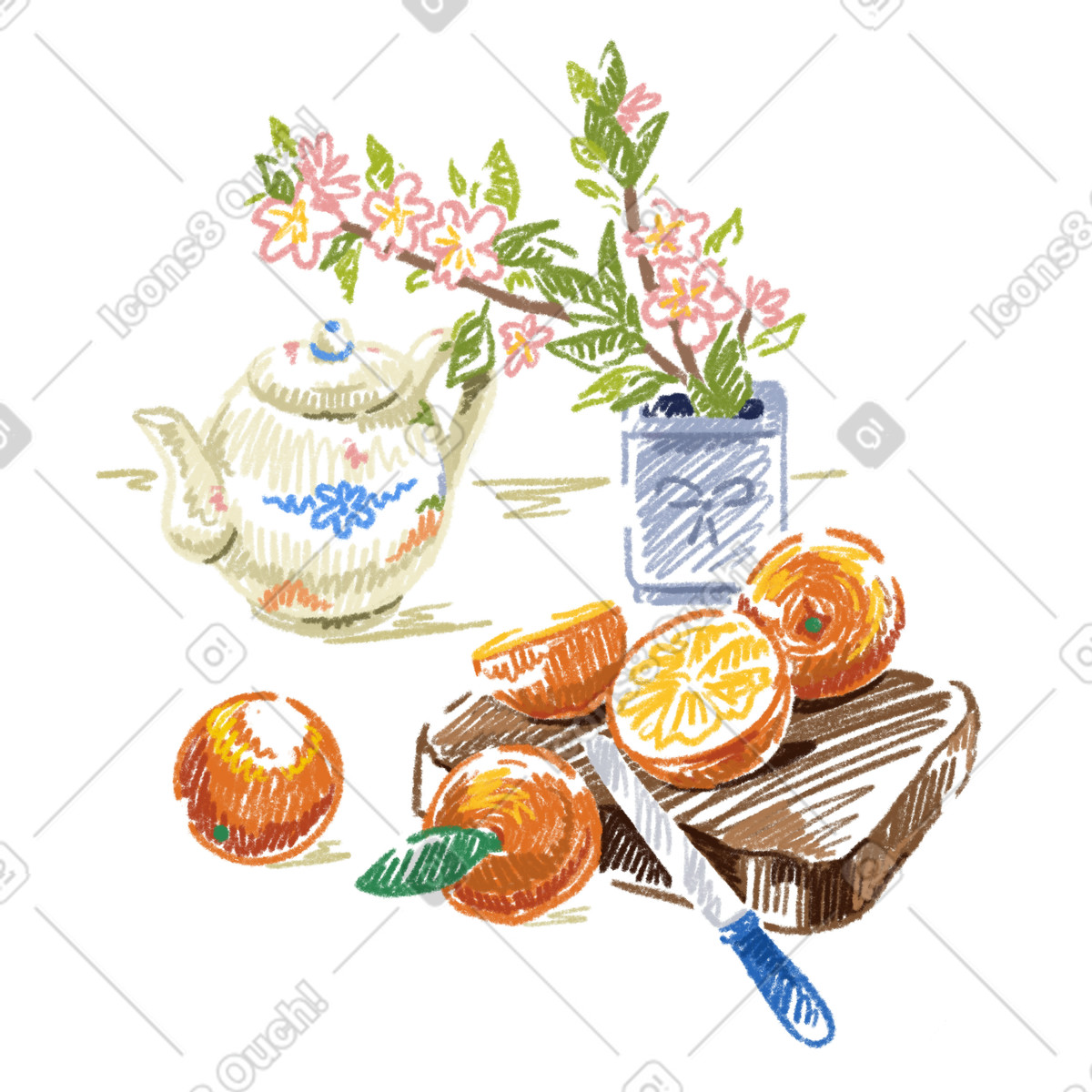 Natura morta con arance e tè mattutino illustrazione in stile Sketchbook scarica in PNG, SVG