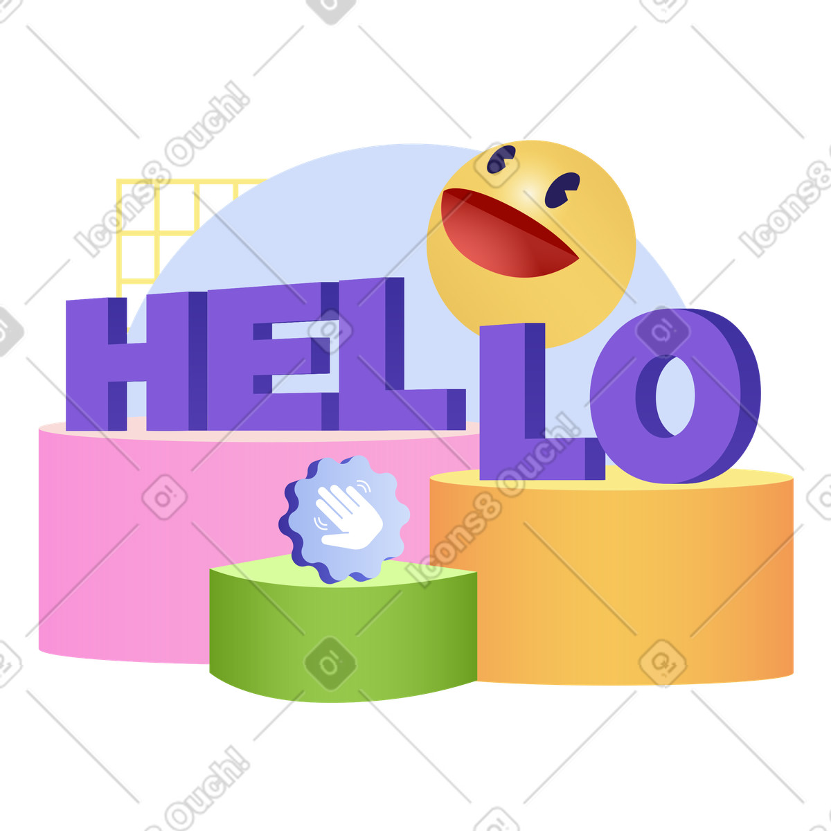 Ilustração de Letras olá! com acenando a mão e sorrindo texto em no estilo Levels para baixar em PNG, SVG