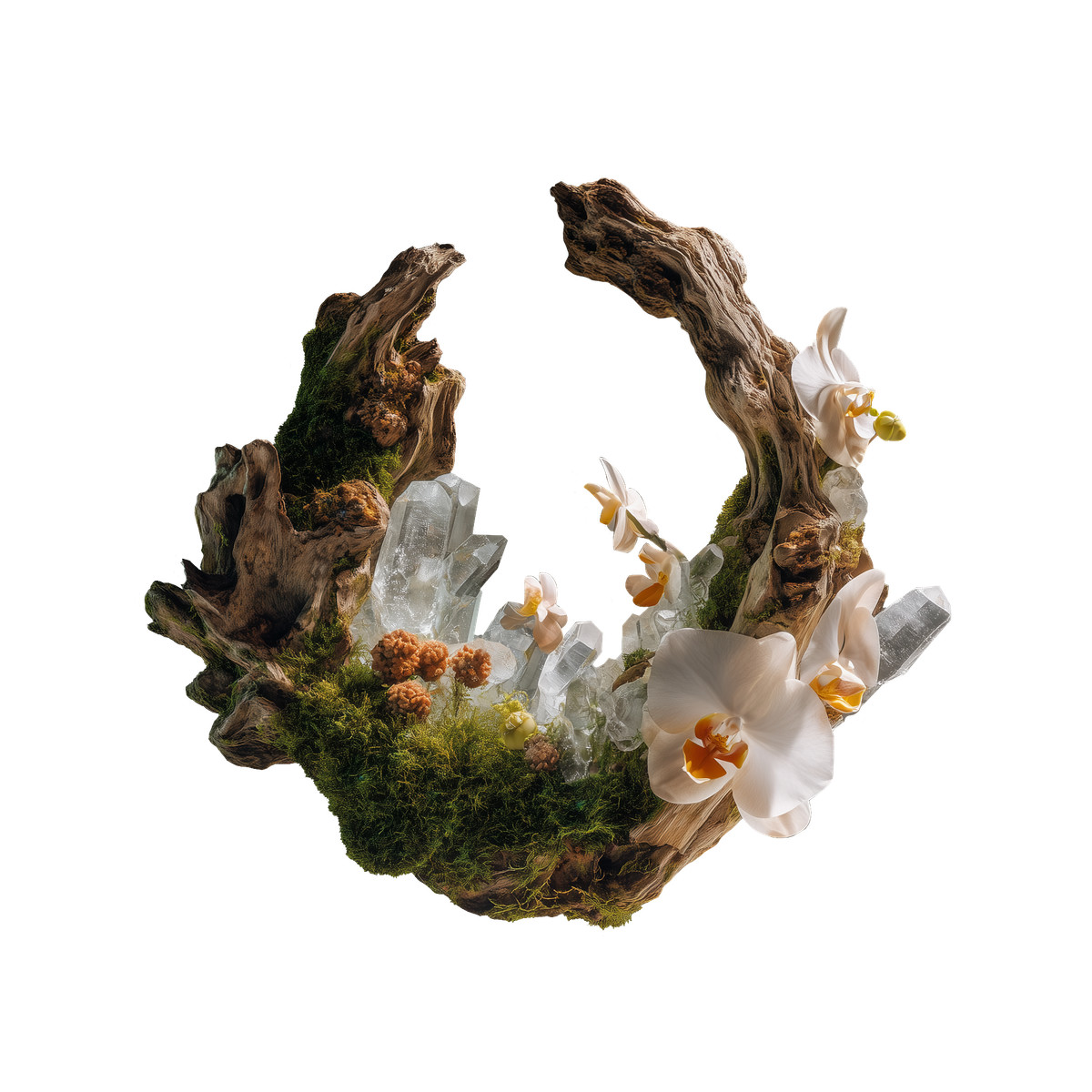 Illustration Orchid flowers on mossy wooden arch with crystals, natural decor inspiration dans le style Biomorphic à télécharger aux formats PNG, SVG