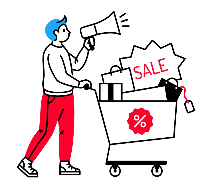 A person promoting a sale with a megaphone - Transistor style illustration