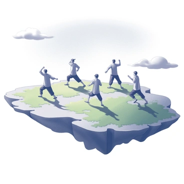 A floating island suspended in the sky. The island is covered in lush greenery and features a smooth, rocky surface. In the center, a group of individuals is practicing tai chi, their movements fluid and synchronized. Each person wears loose-fitting clothing that accentuates their graceful postures. Wispy clouds surround the edges of the island, gently drifting around it. In the background, a vast expanse of blue sky stretches out, creating a serene atmosphere. The sunlight casts soft shadows on the ground, enhancing the tranquil scene.