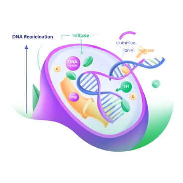 A modern pastel illustration depicting the DNA replication process inside a cell. In the center, a double helix structure labeled "DNA" is shown, with strands unwinding. At the replication fork, there are several key enzymes illustrated: "helicase" is depicted as a yellow shape unwinding the strands, while "DNA polymerase" is represented in blue, adding nucleotides to the growing strands. Surrounding the main scene, small colored circles symbolize nucleotides, labeled with their corresponding bases: "A", "T", "C", and "G". Additionally, a scale bar indicates the size of the cell, and a light pastel background adds to the overall clarity of the process.