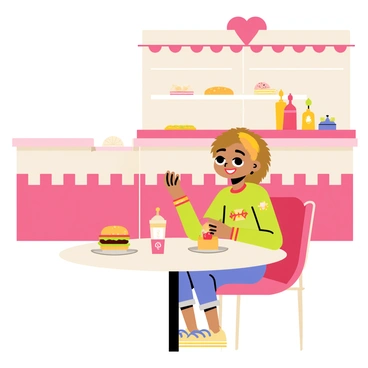 Polly Pocket is sitting at a small round table in a charming miniature diner. She is smiling as she enjoys a meal, featuring a tiny burger on a plate in front of her. Next to the burger, there is a colorful milkshake topped with a cherry. The diner has bright red and white checkered decor, with a counter in the background showcasing more delicious miniature foods. Tiny ketchup and mustard bottles sit on the table alongside Polly. The overall scene captures a delightful moment in a cozy, small-scale diner setting.