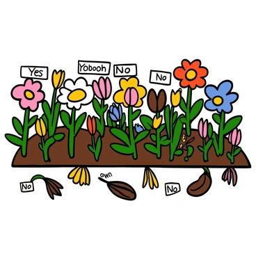 A vibrant garden filled with a variety of blooming flowers in different colors and shapes. Each blooming flower has a small sign next to it reading "Yes." In contrast, there are withered flowers scattered throughout the garden, their petals drooping, each labeled with a small sign that reads "No." The overall composition showcases the contrast between the lively, colorful blooms and the faded, lifeless flowers, creating a clear visual distinction.