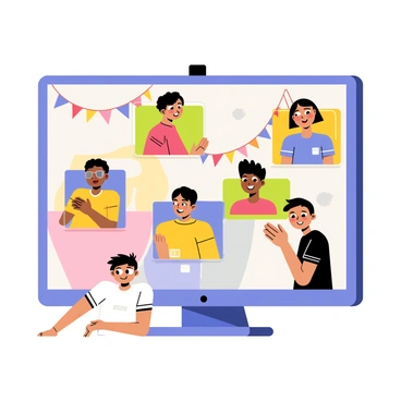 A computer screen displaying a vibrant virtual meeting with multiple participants, each in their own colorful boxes. One person sits at the bottom corner of the screen, looking in with a neutral expression, emphasizing their feeling of disconnection. The background of the virtual meeting space is filled with cheerful decorations suggesting a casual atmosphere. The participants are engaged, smiling, and animated, contrasting the solitary figure in the corner.
