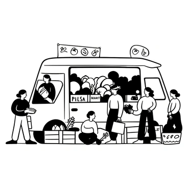 A large van with an open side displaying various fresh fruits and vegetables, arranged in a visually appealing way. There are crates filled with vibrant produce, including apples, tomatoes, cucumbers, and lettuce, all clearly labeled. People are gathered around the van, some examining the produce while others are engaging in conversation. Colorful banners with text "Fresh Produce" are hanging from the van. The scene is busy, with shoppers holding bags and baskets, creating a sense of a lively atmosphere.