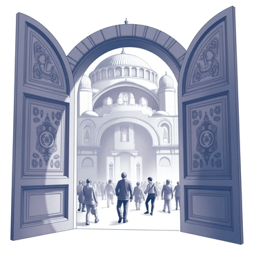 Visitors entering Hagia Sophia through its massive wooden doors, which are intricately carved with ornate designs. The doors are flanked by detailed stone archways that enhance the grandeur of the entrance. Inside, the expansive, vaulted interior of Hagia Sophia is visible, showcasing its high ceilings adorned with decorative mosaics and large columns. The sunlight streams through the windows, casting patterns of light and shadow on the marble floor. Groups of people are seen exploring the space, some pausing to admire the stunning architectural details and historical artifacts.