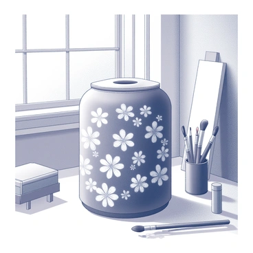 An air purifier situated in a creative studio environment. The purifier is adorned with intricate flower patterns that weave across its surface. The studio features various art supplies scattered around, such as paintbrushes, tubes of paint, and canvases leaning against the walls. Natural light streams in through a nearby window, illuminating the delicate details of the flower designs on the purifier.