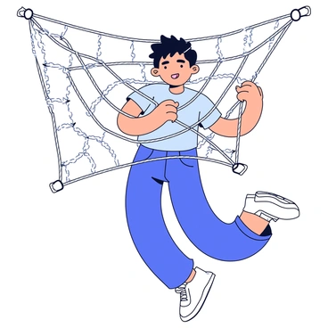 A person is entangled in a net made of thick ropes. The ropes have different words written on them, including "judgment," "fear," and "doubt." The person appears to be struggling to free themselves from the net, with a look of determination on their face. They are wearing casual clothing, and the background is a simple, unobtrusive color to emphasize the scene.