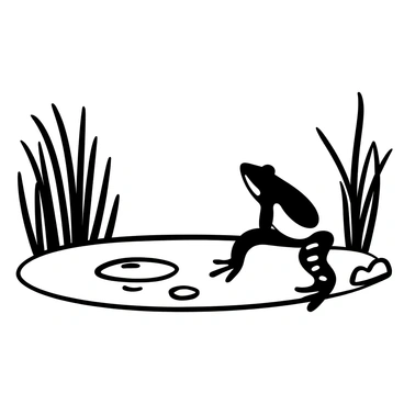 A frog sitting at the edge of a pond, surrounded by tall reeds that sway gently in the breeze. The pond reflects the surrounding landscape, creating a serene atmosphere. The surface of the water is still, with small ripples emanating from where the frog's legs touch the water. A few lily pads float nearby, adding to the natural setting. The entire scene is framed in a way that emphasizes the calm and quiet of the moment.