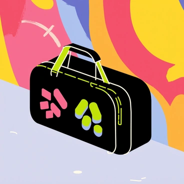 A skateboard bag with a black exterior featuring vibrant graffiti art in shades of green, pink, and blue sprawled across its surface. The bag is positioned next to a colorful mural wall that displays an array of abstract shapes and bold colors, including red, yellow, and orange. The mural adds a lively backdrop to the scene, enhancing the street art vibe. The skateboard bag rests on a light gray pavement, creating a contrast with the vivid colors of the mural.