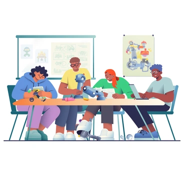 A group of four high school students is gathered around a large wooden table in a well-lit classroom. One student, a girl with curly black hair, is carefully attaching a metal arm to a robot chassis. She is wearing a yellow t-shirt and glasses. Next to her, a boy with short brown hair is holding a toolbox, looking for the right tools while wearing a blue hoodie. Another student, a girl with straight red hair tied in a ponytail, is reading from a blueprint spread out on the table, dressed in a green sweater. The fourth student, a boy with glasses and dark skin, is programming the robot on a laptop, wearing a grey t-shirt. Various robot parts, wires, and tools are scattered across the table, and a poster of famous robots hangs on the wall in the background.