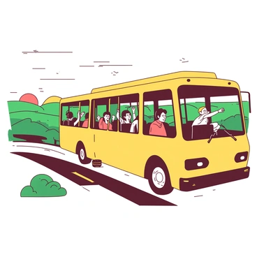 A yellow bus is driving along an open road surrounded by green fields. The sun is rising on the horizon, casting a soft glow over the scene. Inside the bus, several passengers are waking up from their seats, stretching their arms, and yawning. Some passengers are looking out the windows, while others are adjusting their belongings. The light from the rising sun illuminates the interior of the bus, creating a warm and inviting atmosphere.