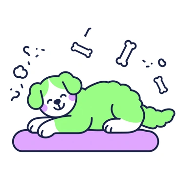 A dog dreaming peacefully, surrounded by imagined line-drawn bones