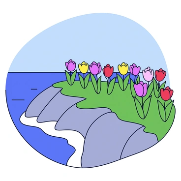 An array of rare tulips in various colors blooming. The tulips have vibrant petals in shades of purple, yellow, and red. They are growing in a neat line along the edge of a seaside cliff. The cliff is rocky and steep, with some patches of green grass peeking through. The ocean waves crash against the base of the cliff, creating a contrast with the delicate flowers. Above, a clear blue sky stretches out, adding to the beauty of the scene.