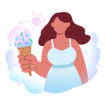 A girl is holding a cone with a colorful scoop of ice cream topped with vibrant sprinkles. She is wearing a light summer dress, and her hair is flowing in the gentle breeze. The sun is shining brightly, casting warm light all around. In the background, there are faint outlines of trees, adding to the cheerful atmosphere of the day.
